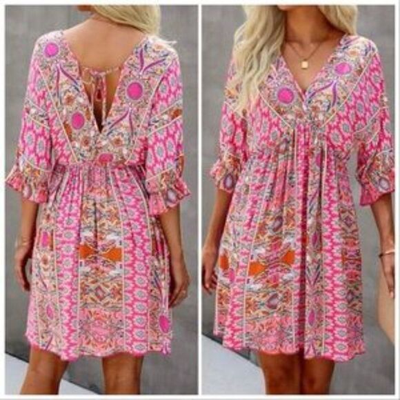 Boho Batwing Sleeve Dress Top Blouse Mini Dress - Picture 1 of 8